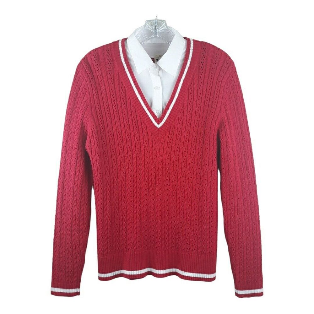 B MOSS Sweater  Attached Collar Women Large Red White Long Sleeves